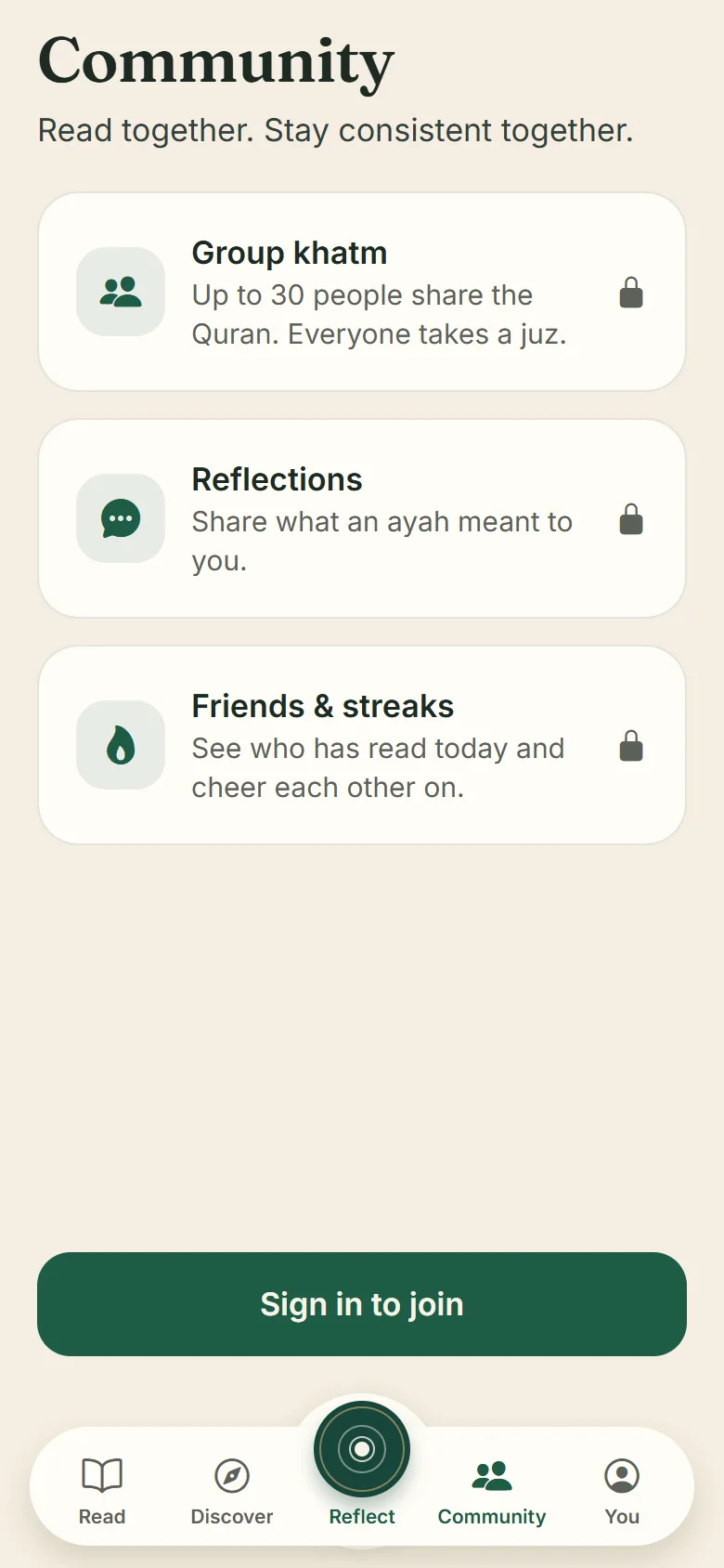 Community screen in the app: group khatm, reflections, and friends and streaks.